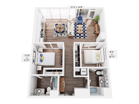 Floor plan for 2 beds, 2 baths, 1082 sqft